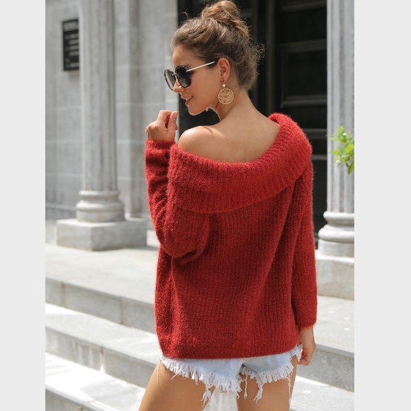 Red Off Shoulder Fold Over Sweater - Picture 4 of 8